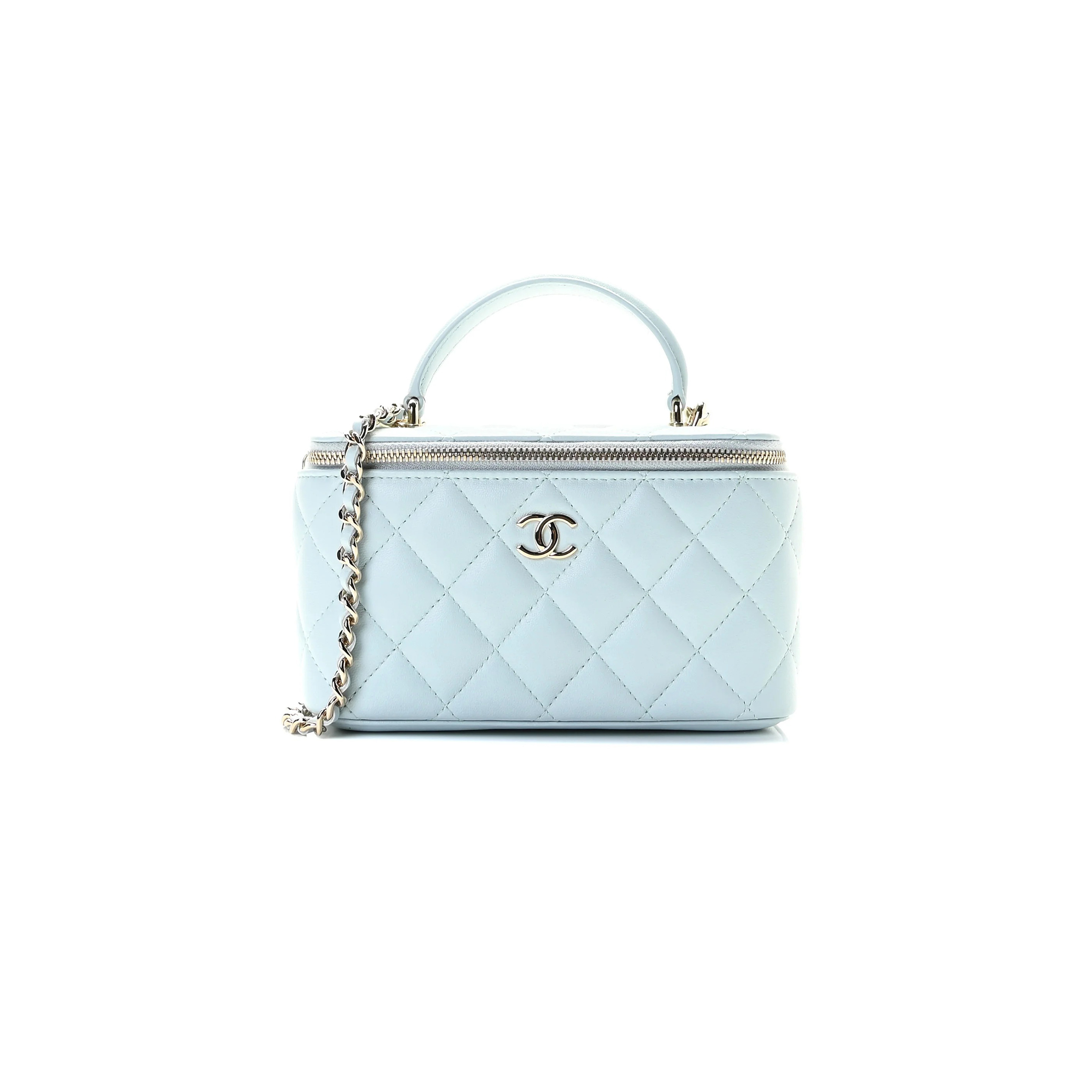 CHANEL MASTER LAMBSKIN QUILTED SMALL TOP HANDLE VANITY CASE WITH CHAIN LIGHT BLUE (16.5*10*8cm)